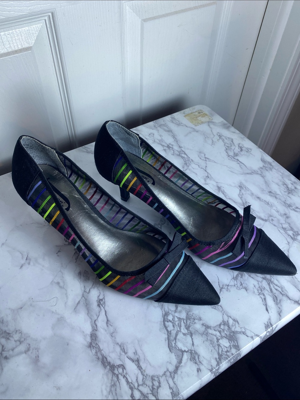 J.Renee Black Pointed-Toe Heels with Rainbow Stripe Accents